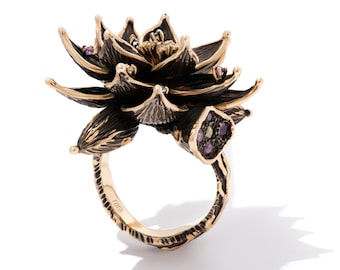 925 Sterling Silver Tourmalines Ring with Gold and Black Rhodium Plating - Flower Ring | rara