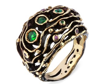 925 Sterling Silver Emeralds and Tourmalines Ring with Gold and Black Rhodium Plating - Chalice Ring | rara