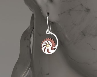 Fibonacci Shell with Gear | Drop Earrings