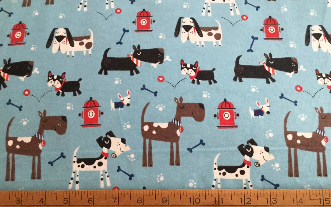 Flannel/dogs and Paw Prints on Blue Background Cotton Fabric Etsy