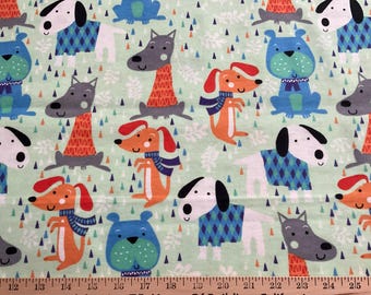 Flannel/Dogs on light green background cotton fabric