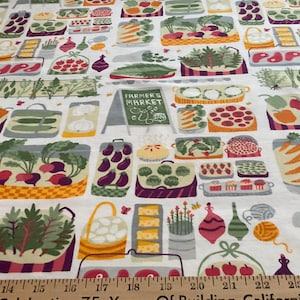 Flannel/Vegetables/Farmer’s Market foods on white background cotton fabric
