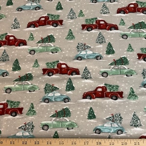 3 yards/Flannel/Trucks and cars with Christmas trees on gray background cotton fabric
