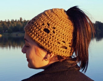 Crocheted Paw-Print Hat - pawprint beanie - dog-walking hat - paw-print messy bun beanie