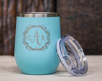 Personalized Wine Tumbler, Engraved Monogram Stainless Steel 12 oz