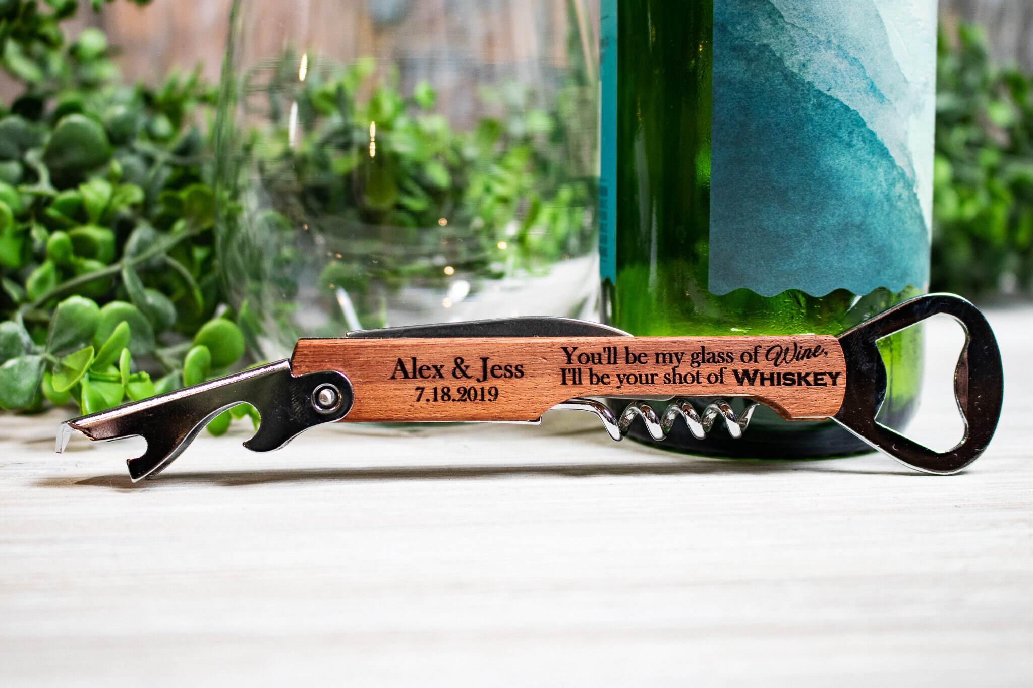 Personalized Wooden Bottle Opener Wedding Favors - 100 Pcs 4-in-1 Corkscrew With Custom Engraving