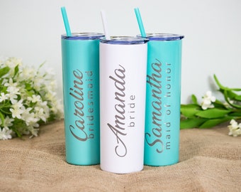 Custom Skinny 20oz Bridesmaid Tumblers, Custom engraved Stainless Tumblers for Bridal Party, Bachelorette Cups