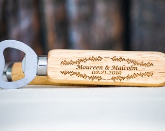 Engraved Wooden Bottle Opener Wedding Favors, Rustic Laurel Design