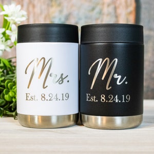 Refroidisseurs de canette de mariage pour lui et pour elle, M. et Mme Colsters en acier inoxydable, cadeau gravé pour couple de mariage, cadeau de mariage de bière, tour de cou de mariage