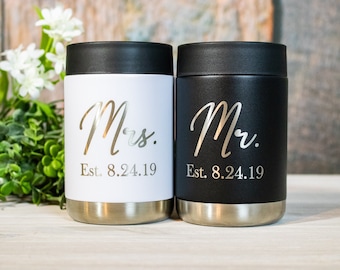 Engraved Mr and Mrs Wedding Can Coolers, Stainless Steel Colsters