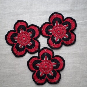 Crochet flowers, set of 3 red black floral applique Irish crochet decor