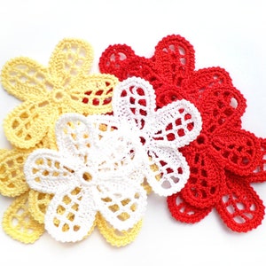 Irish crochet flowers Set of 5 red, white, yellow applique Irish crochet fine lace decor