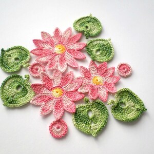 Crochet flowers and leaves green pink Irish crochet lace applique with lurex Set of 12 Scrapbook Card making elements