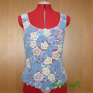 Irish crochet summer top Cotton blue beige beach top Gift for her