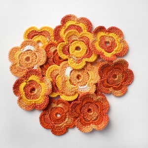 Crochet flowers Set of 5 yellow orange terracotta applique with lurex
