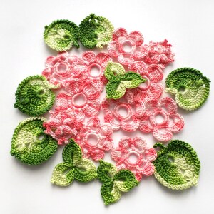 Crochet flowers leaf shamrock motifs Cotton green pink flower applique Set of 20 Irish crochet Scrapbook Kids clothes hats decor