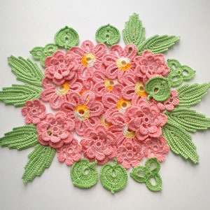 Crochet flowers and leaves Irish lace applique with lurex Set of 37