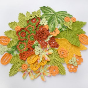 Crochet flowers and leaves Green orange floral applique Irish crochet lace decor Set of 56