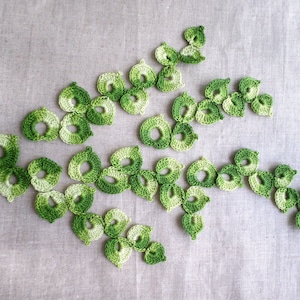 Irish crochet floral leaf applique, set of 5 Green crochet scrapbook, card making decor