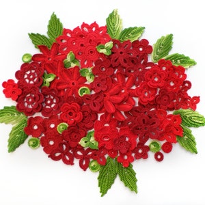 Crochet flower motifs Red green Irish crochet applique set of 75