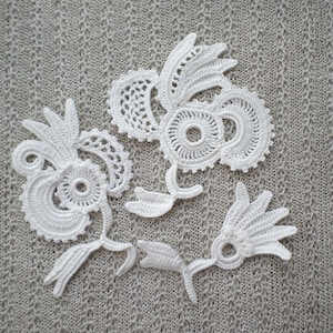 Irish crochet lace flower motives, off white floral applique, wedding decor Set of 3