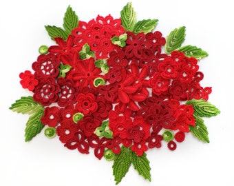 Crochet flower motifs Red green Irish crochet applique set of 75