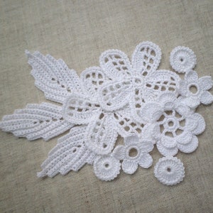 Crochet flowers and leaves White floral applique Irish crochet lace decor Set of 11