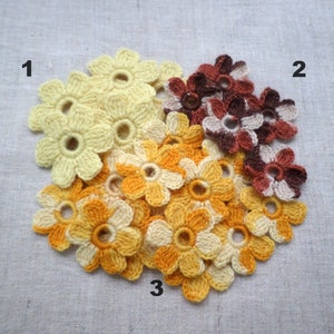 Woolen crochet flowers set of 12 Floral applique Clothes Hats Mittens Interior decor
