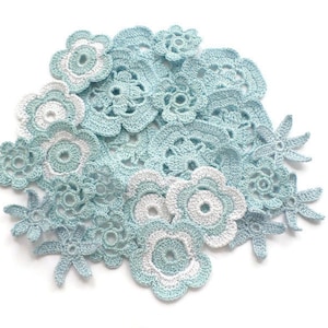 Irish Crochet flowers Set of 24 Blue white Lurex lace applique, clothes, dolls, interior decor