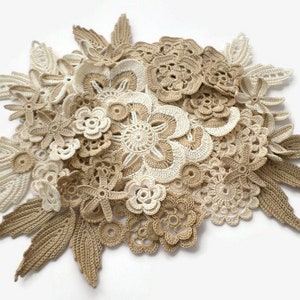 Crochet flower leaf motifs, Beige cream Irish crochet lace floral applique Scrapbook elements Clothes hat decor Boho Hippie decor