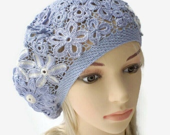 Ladies summer beret, Irish crochet denim hat