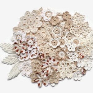 Crochet flower motifs Beige cream Irish crochet lace boho hippie decor, floral applique Interior decor Set of 64