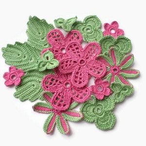 Crochet flowers and leaves Green pink applique Set of 17