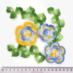 Crochet flower leaf motifs Blue yellow green floral applique Irish crochet decor Scrapbook motifs Clothes hats bags cards interior decor