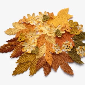 Crochet leaves shamrocks flowers Fall coloured set of 46 Irish lace decor