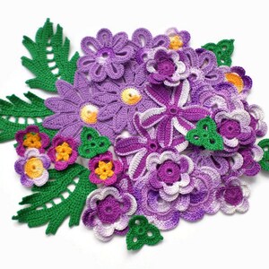Crochet flowers set of 35 purple yellow green Irish crochet lace applique