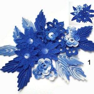 Blue crochet flowers  and leaves, floral applique, Irish crochet lace decor, party decor, clothes embellishment