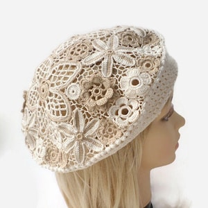 Irish crochet beige lace beret Ladies summer hat