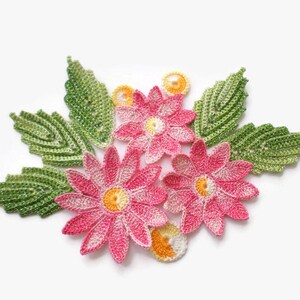 Crochet flowers and leaves Green pink applique with lurex Set of 11