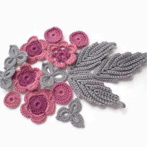 Crochet flowers leaves shamrocks applique Set of 15 Clothes Hats Mittens Interior decor
