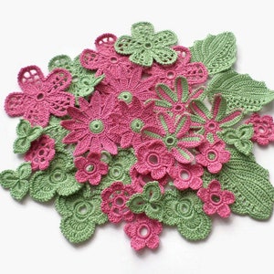 Crochet flowers and leaves Green pink applique Irish crochet Set of 34, doll clothes, interior decor