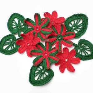 Irish crochet red green floral applique Set of 11 Christmas decor