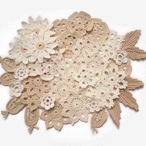 Crochet flower motifs Beige cream Irish crochet lace boho hippie decor, floral applique Interior decor Set of 40