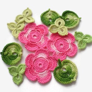 Crochet flowers set of 12 Pink green Irish crochet decor Hats bags clothes decor