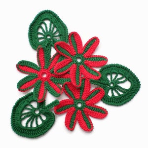 Irish crochet red green floral applique Set of 6 Christmas decor