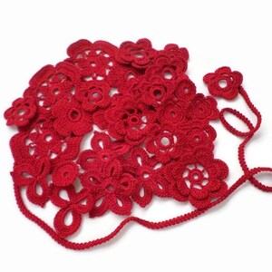 Irish crochet flowers, shamrocks and Romanian cord, red floral applique Set of 27 Boho Hippie Clothes decor