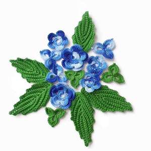 Small blue crochet flowers and green leaves, hobby set of 16  Floral applique Irish crochet, interior decor