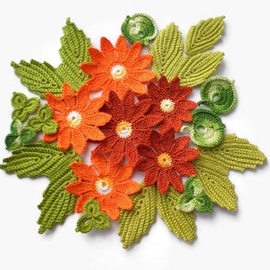 Crochet flowers and leaves green terracotta orange Irish crochet lace applique Set of 25