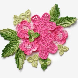 Crochet flowers Pink green Irish crochet decor set of 16