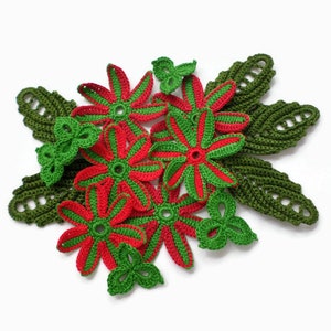 Irish crochet red green floral applique Set of 16 Christmas decor